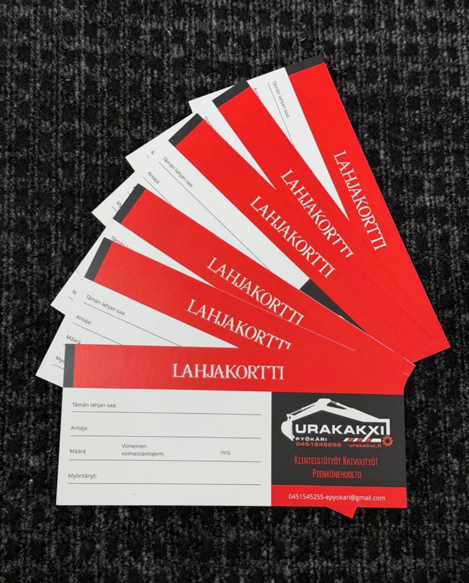 Meiltä myös lahjakortit moneen tarpeeseen ja juuri sillä summalla kuin itse haluat: Kiinteistö- ja Kaivuutyöt sekä Pienkone huolto